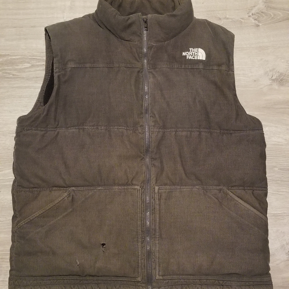 Vintage The North Face Men's Grey Corduroy Fleece Lined Puffer Vest Size Large